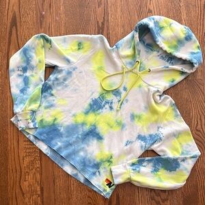Aviator Nation Cropped Tie-Dye Hoodie with Blue and Yellow
